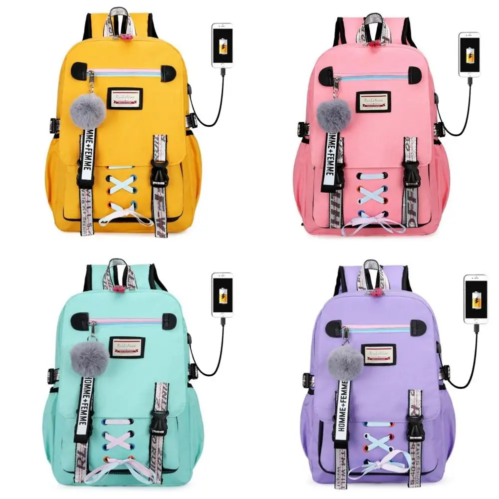 

Student Girls Big School Bags Bookbags Large USB Printing Fashion Ribbon Bow Teenage Girls boys Schoolbag Backpack 5 color
