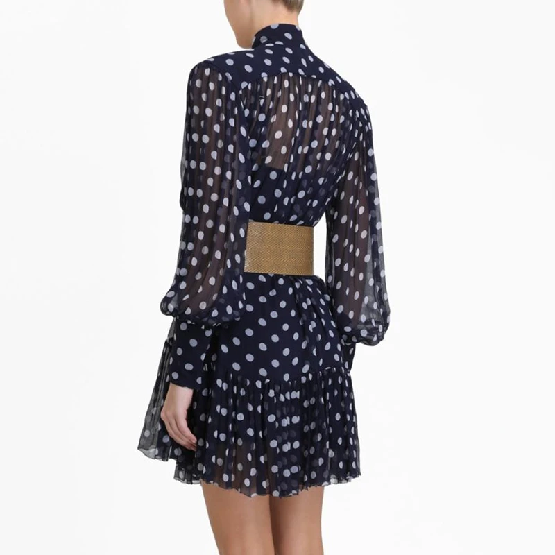 CHICEVER/платье в горошек с бантом женское платье со стоячим воротником и