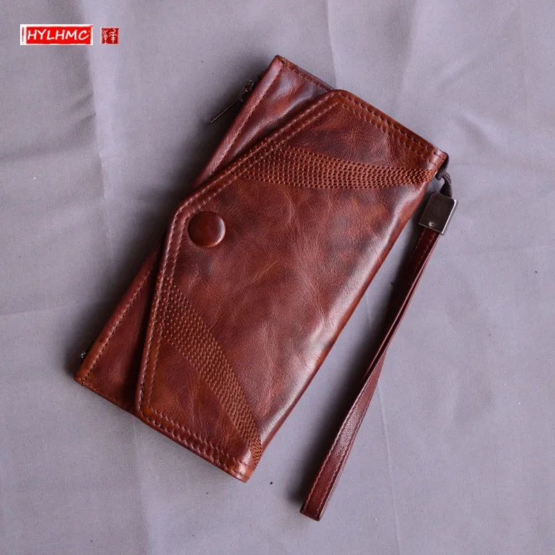 

Genuine Leather Goatskin fold wallets, men's leather long snap wallets, card holders, clutches Bag mobile phone purses