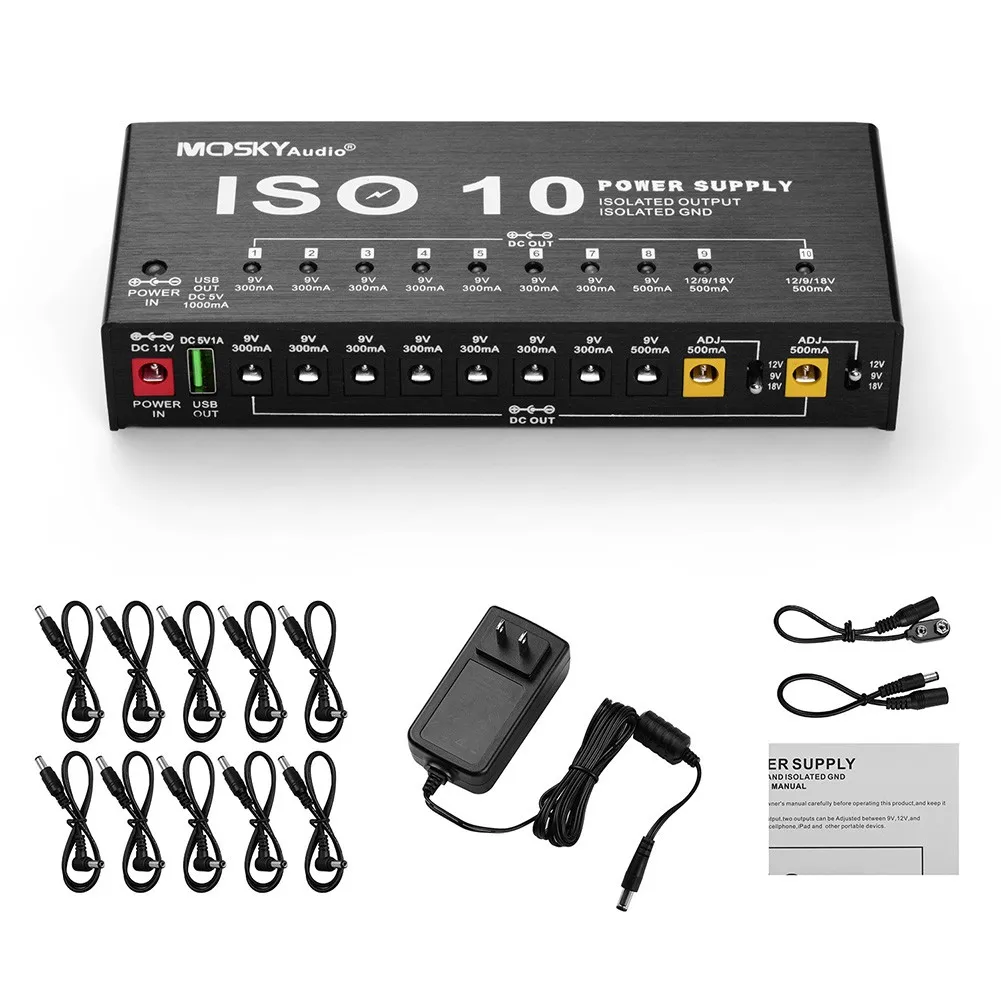 

MOSKY ISO-10 Guitar Effect Pedal Power Supply 10 Isolated DC Outputs/ 5V USB Output For 9V 12V 18V Protection Guitar Accessories