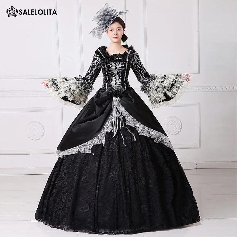 

2020 Brand New Black Printed Marie Antoinette Dress 18th Century Civil War Southern Belle Ball Gown With Train Theatre Costume