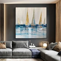 hot sale seascape paintings hand painted oil painting abstract gold foil art sailing boat canvas painting modern home decoration