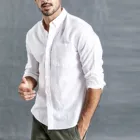 Рубашка мужская летняя однотонная с длинным рукавом, из хлопка и льна