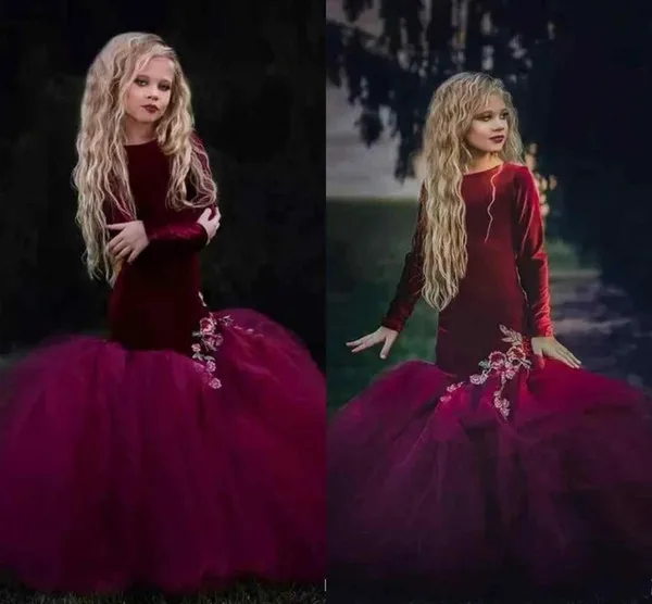 Burgundy Velvet Pageant Mermaid Flower Girls Dresses Long Sleeves Vintage Kids Formal Wear Embroidery Saudi Abric fille | Свадьбы и