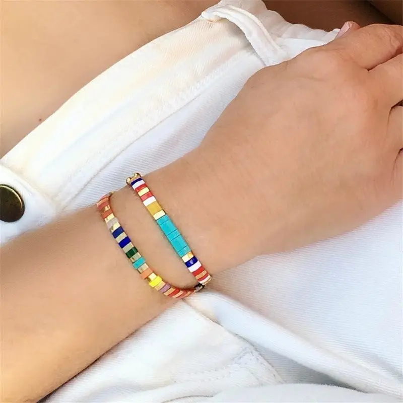 

C.QUAN CHI Fashion Stacked Tila Bead Charm Bracelet Femme Bohemian Hand-made Elastic Cord Colorful Bracelets Jewelry Ladies Gift