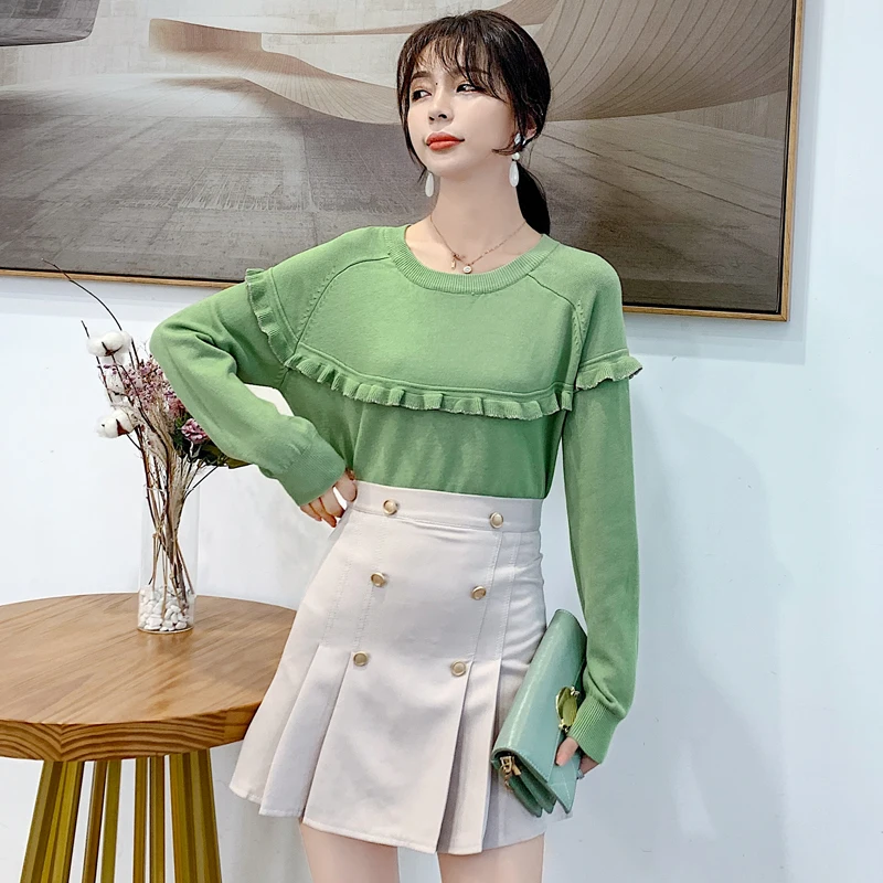 Новинка 2019 милые женские рубашки однотонная вязаная рубашка с длинным рукавом