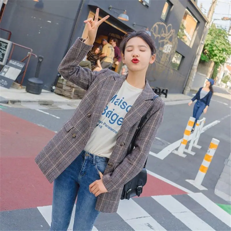 

HStar 2020 spring Women Blazer Notched Collar Office Lady Formal Blazer Coat female Long Sleeve Loose Plaid jackets