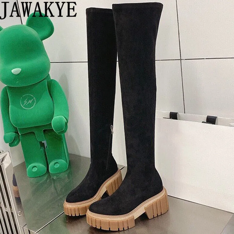 

Winter Thick sole Over the Knee Boots Women Brown Black Suede leather Elastic Slip-on Platform Boots Casual fashion Party Boots