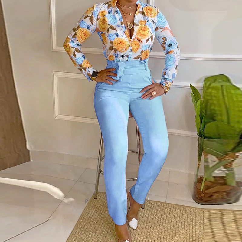 

Hot Sale Sexy V Neck Shirt Top and Lace-up Bow Long Pants Suit Women Fashion Floral Print Set 2021 Spring Summer Casual Outfits