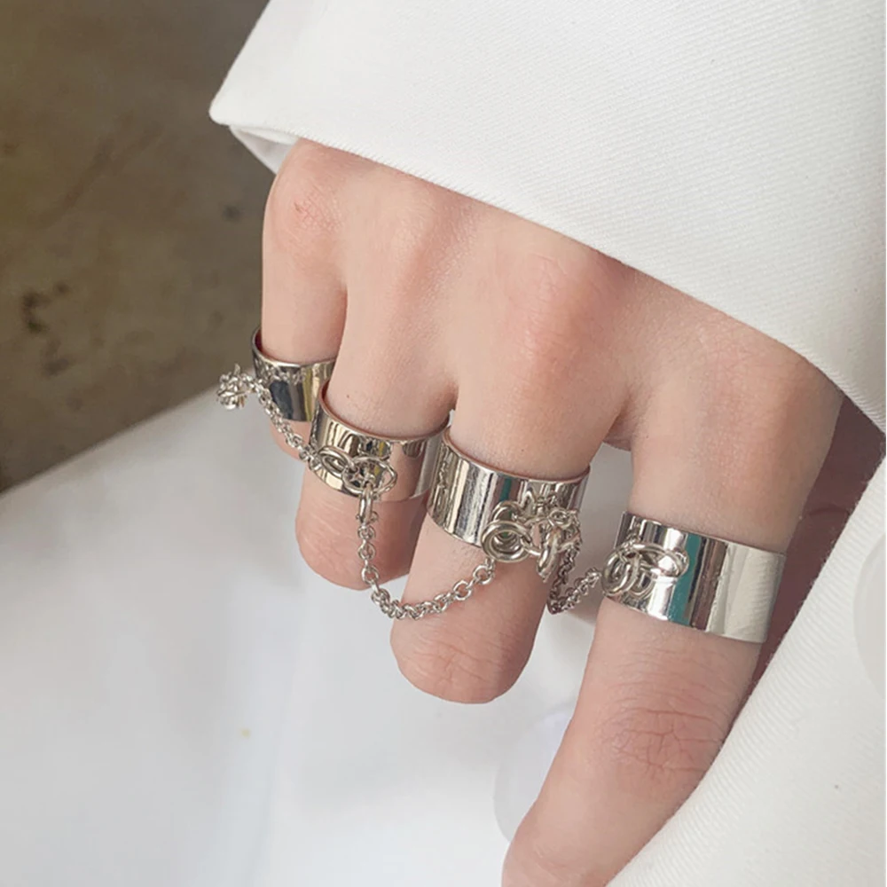 

EN Punk Cool Hip Pop Rings Multi-layer Adjustable Chain Four Open Finger Rings Alloy man Rotate Rings for Women Party Gift
