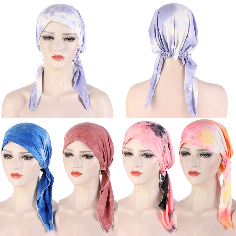

Muslim Tie-Dye Turban Hat Floral Two-Tail Chemo Caps Headscarf Headwear Baotou Cap Stretch Bandanas Long for Women 2021 New