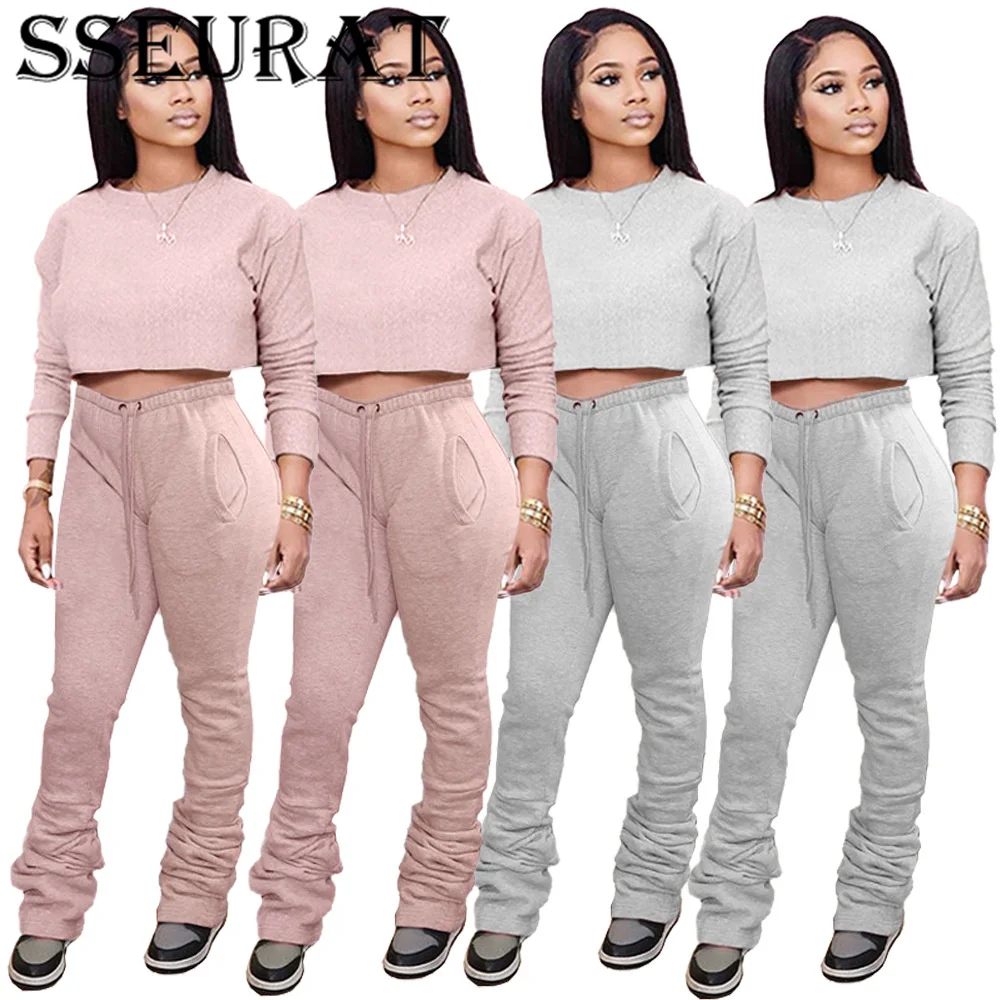

SSEURAT Sportwear Sweatsuit Women's Set Long Sleeve Tee Tops Stacked Ruched Pants Set Autumn Tracksuit Two Piece Outfits