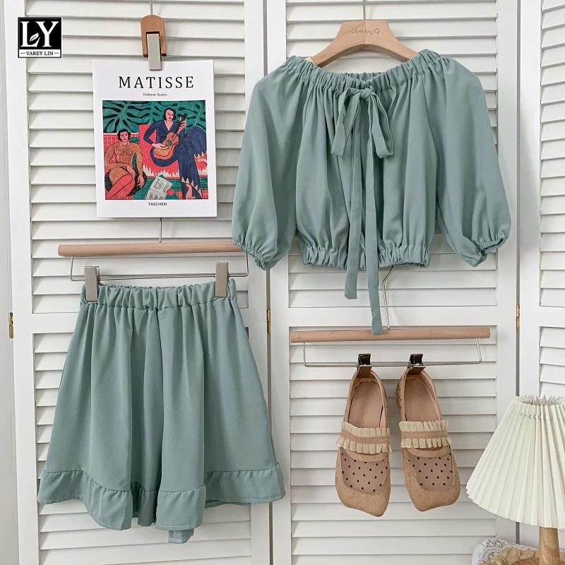 

LY VAREY LIN Summer Women Casual Lace Up Bow Tops + Elastic Waist Ruffles Shorts Office Lady Solid Color Sets Two Piece Set