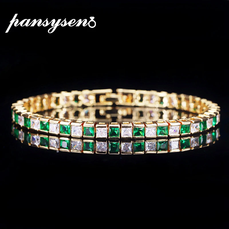 

PANSYSEN 18K Gold Color Luxury Real 925 Silver Jewelry Bracelets for Women With Green Blue White AAAA Zircon Fashion Party Gift
