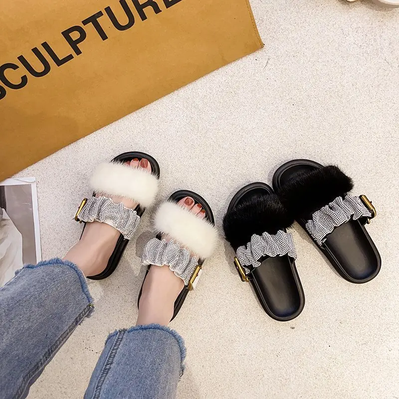 

Women's Slippers Plush Upper Personalized Buckle Design Fashionable and Versatile Open-toed Flat-bottom Casual Women's Slippers