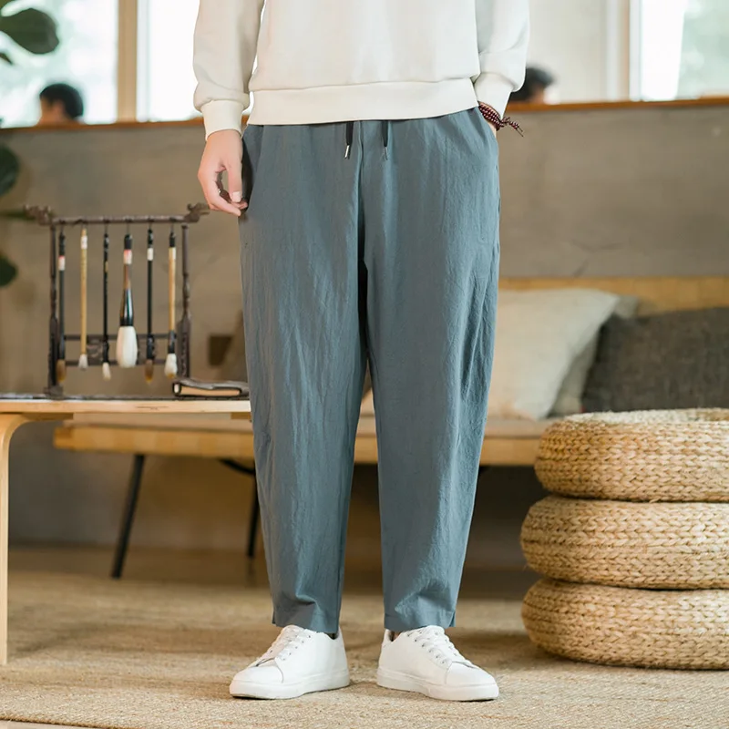 

asual Chinese Style Mens Cotton and Linen Pants Thin Lantern Pants Harem Pants Male Loose Jogger Fitness Bondage Foot Trousers