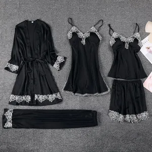 Женский пижамный комплект из 5 предметов, женский сексуальный кружевной халат, костюм, банная рубашка, шелковая атласная ночная рубашка, Пижамный костюм, летняя повседневная одежда для сна, комплект для сна