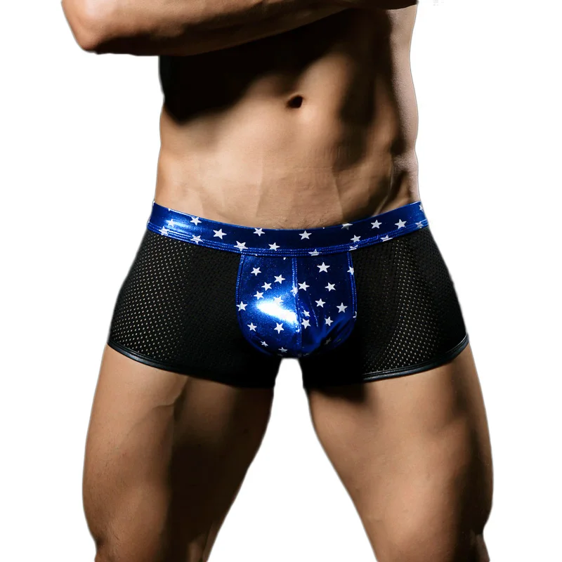 

Men Bronzing Boxer Shorts Sexy Mesh Patchwork Underwears New Male Trunks Dance Boxer Shiny Sheath Lingerie Shorts