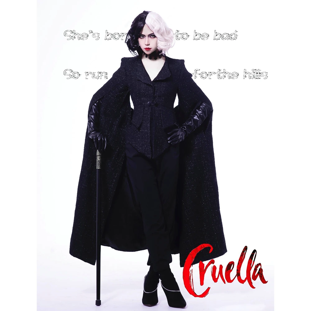 

Cruella Cosplay Costume Adult Black Coat Uniform Long Flared Sleeves Women Dress Halloween Outfit Black Wig Full Set Custom Made