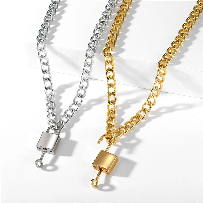 

Gothtic Gold Lock Chunky Chain Necklace For Women Men Big Chain Unlockable Lock Key Pendant Necklaces Exaggerated Jewelry