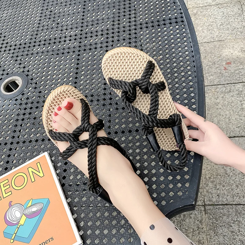 

2021 New Flat Bottom Straw Shoes Women Linen Woven Rope Sandals Women Fashion Beach Slippers Women Sandals Women Shoes