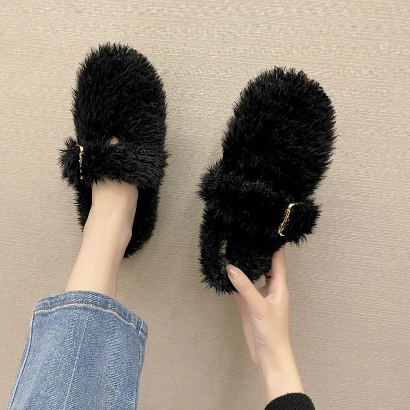 

Women Plush Shoes with A Pedal 2021 New Winter Plus Velvet Warmth Fashion Flat Cotton Shoes Solid Color Women's Shoes