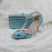 sky blue luxury rhinestone wedding shoes with matching bag anckle strap shoes woman pointed toe high heels shoes big size 34 42