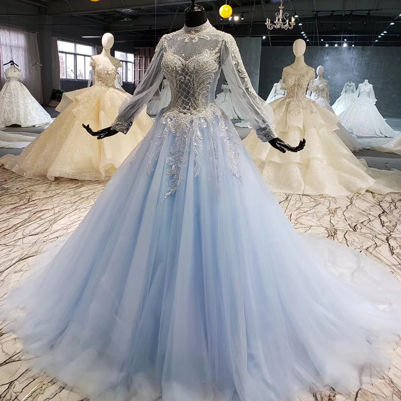 HTL1135 светло-голубое вечернее платье длинное для женщин рукав-фонарик высокая