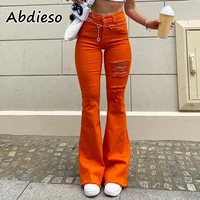 abdieso 2021 brown vintage high waist jeans women autumn skinny 90s orange denim trousers fashion streetwear flare pants femme