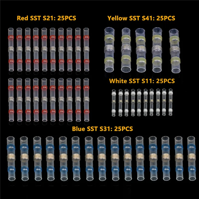 

100Pcs AWG 26-10 Solder Sleeve Wire Seal Heat Shrink Butt Terminal Splice Connector 4 Sizes Waterproof Insulated Wire Connector