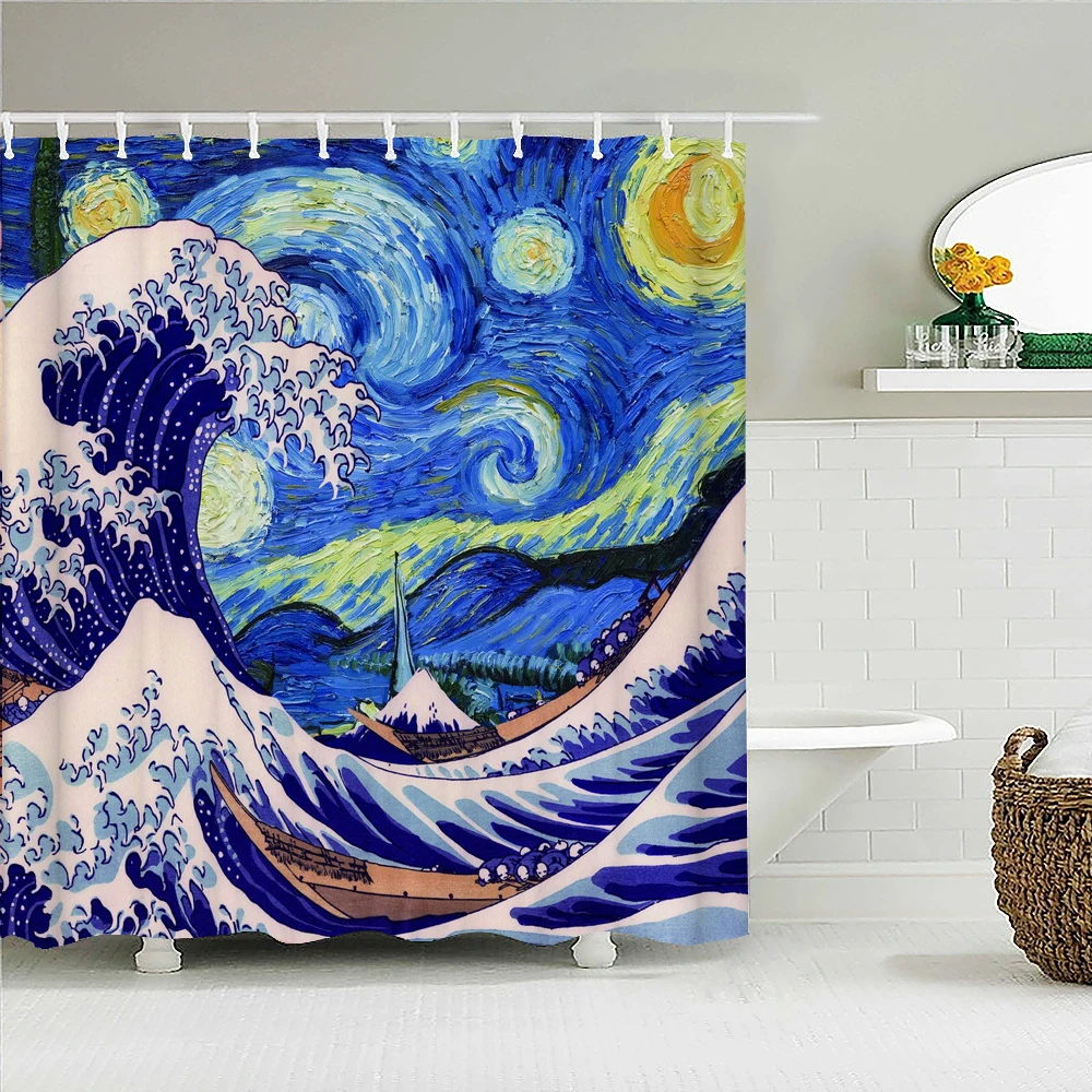 

Classic Creativity Waves Spray Bath Curtain Waterproof Fabric Japanese style Shower Curtains Bathroom Bathtub Screen With Hooks