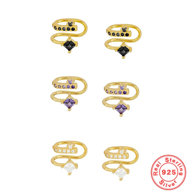 

925 Sterling Silver Clip on Earrings Women Simple White/Black/Purple Zircon Earcuff Fashion Jewelry Wholesale and Retail
