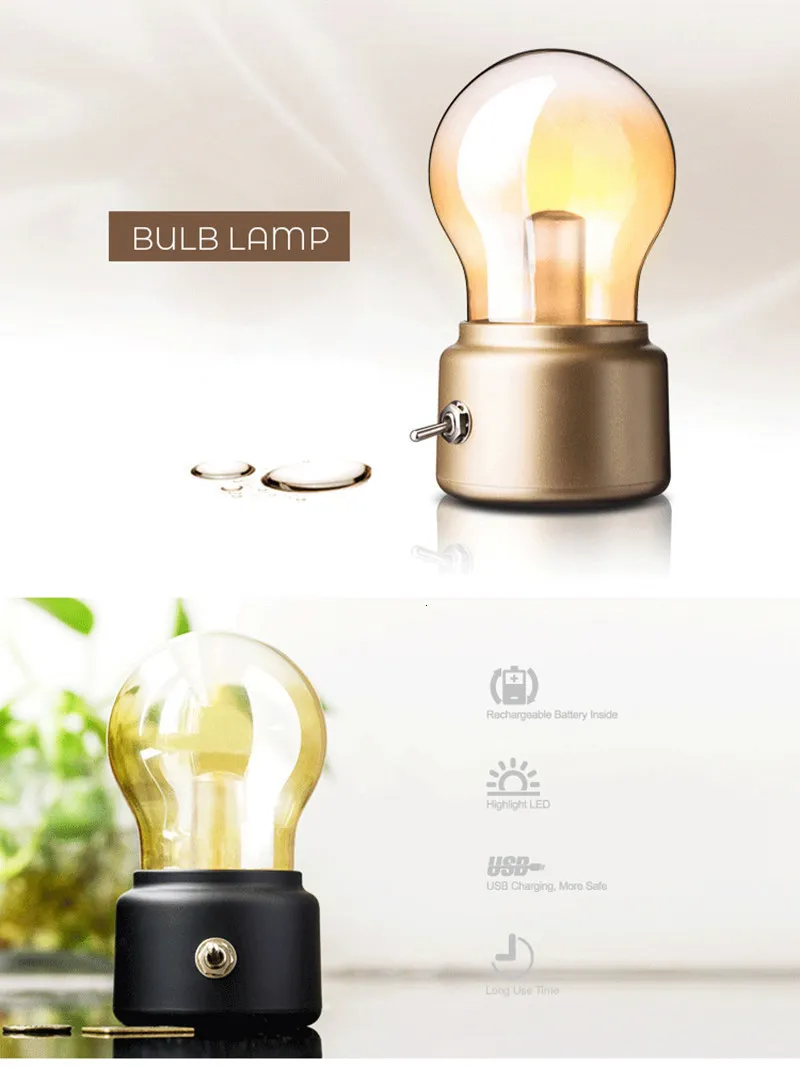 VINTAGE Lamp Shape Night Light Glass USB Night Lamp Bedroom Bedside Desk Table Lamp Reading Children Gift Home Decor Novelty