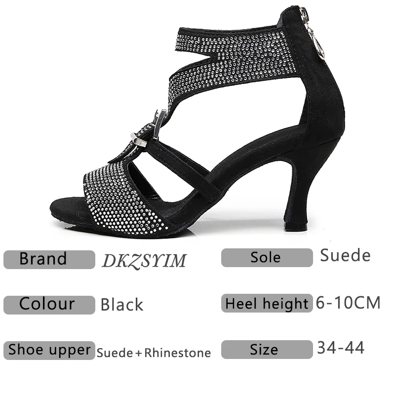 Женские туфли для танцев DKZSYIM черные замшевые с блестящими стразами на мягкой