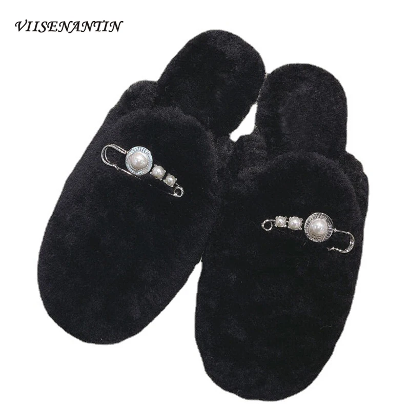 

Autumn and Winter Pearl Brooch Wool Lazy Half Slippers Women 2021 New Fashion All-match Flat Sweet Casual Furry Muller Shoes