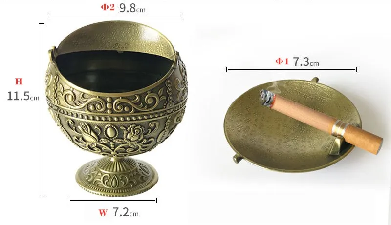 

2021 New Windproof Ash Tray Vintage Zinc Alloy Flower Pattern Globe Cigarette Ashtray Lid Tabletop Portable Home Decor Ashtrays