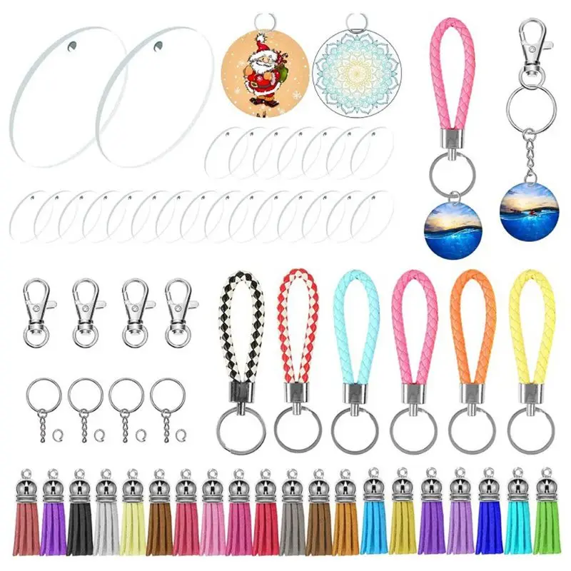 

Acrylic Clear Circle Discs Key Chains Blanks Leather Tassel Pendant Keyring Kit K3KC