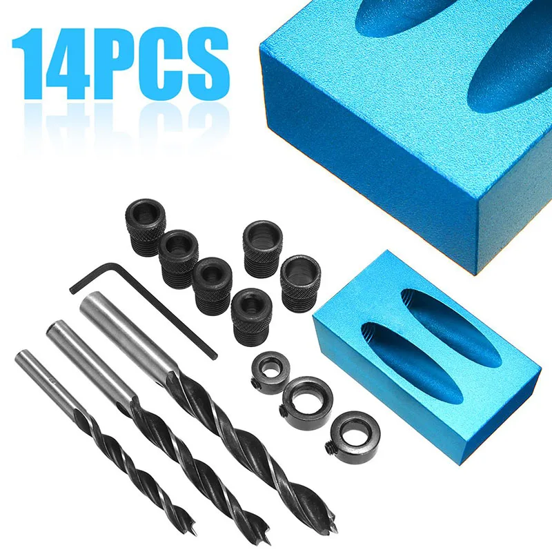 14Pcs Pocket Hole Jig Kit 6/8/10mm Angle Drill Guide Woodwoorking Tool Hole Puncher Locator Jig Drill Bit Carpentry Joint Tools