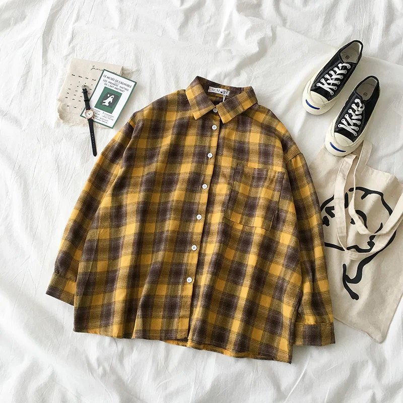 

Spring Autumn Women Vintage Loose Plaid Blouse Shirts Korean Long Sleeve Contrast Colors Harajuku Chic Female Outwear Clothing