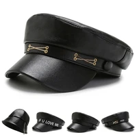 jin swhbias leather sailor caps for women with chain letters bucket with zipper solid octagonal caps berets hats newsboy hat