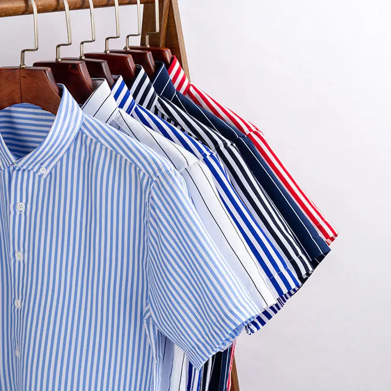

Striped Shirt Mens Solid Color Plaid Shirts Tops Casual Short Sleeve Shirt Slim Fit Male Camisa Social Korean Breathable Blue