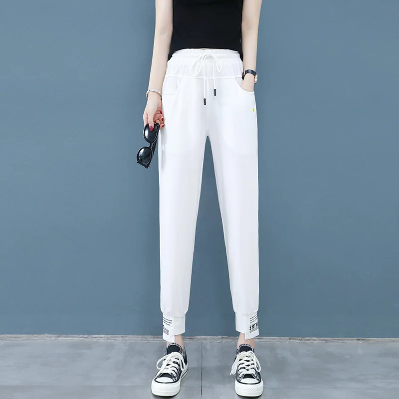 

New Arrival Spring Summer Korea Fashion Women Elastic Waist Loose White Jeans All-matched Casual Cotton Denim Harem Pants S982