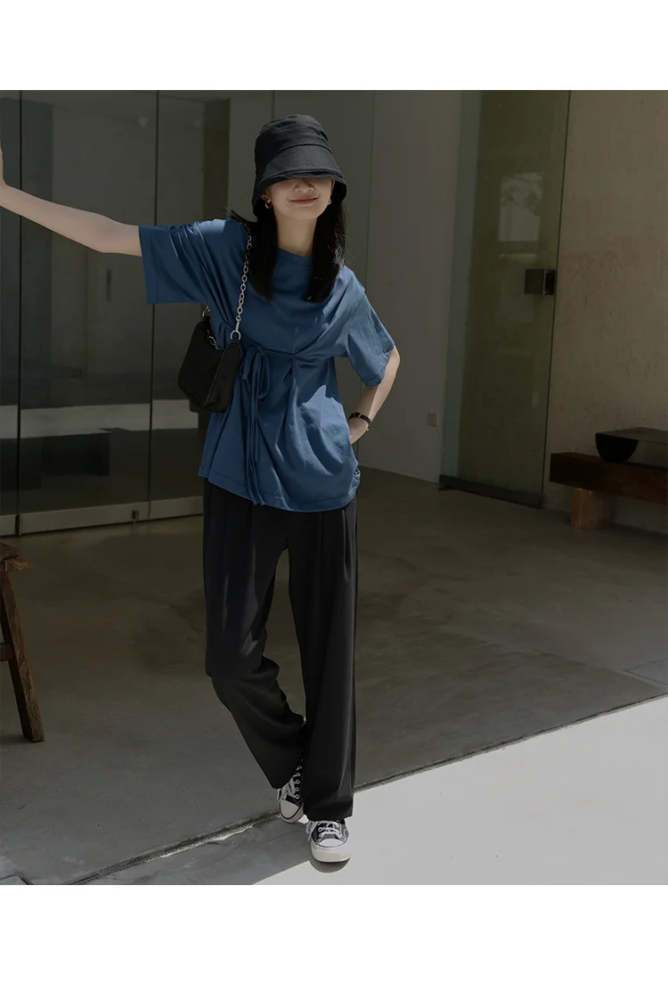 

Женская футболка с круглым вырезом, цветная свободная тонкая футболка с коротким рукавом и завязкой на талии, корейский стиль, лето 2021