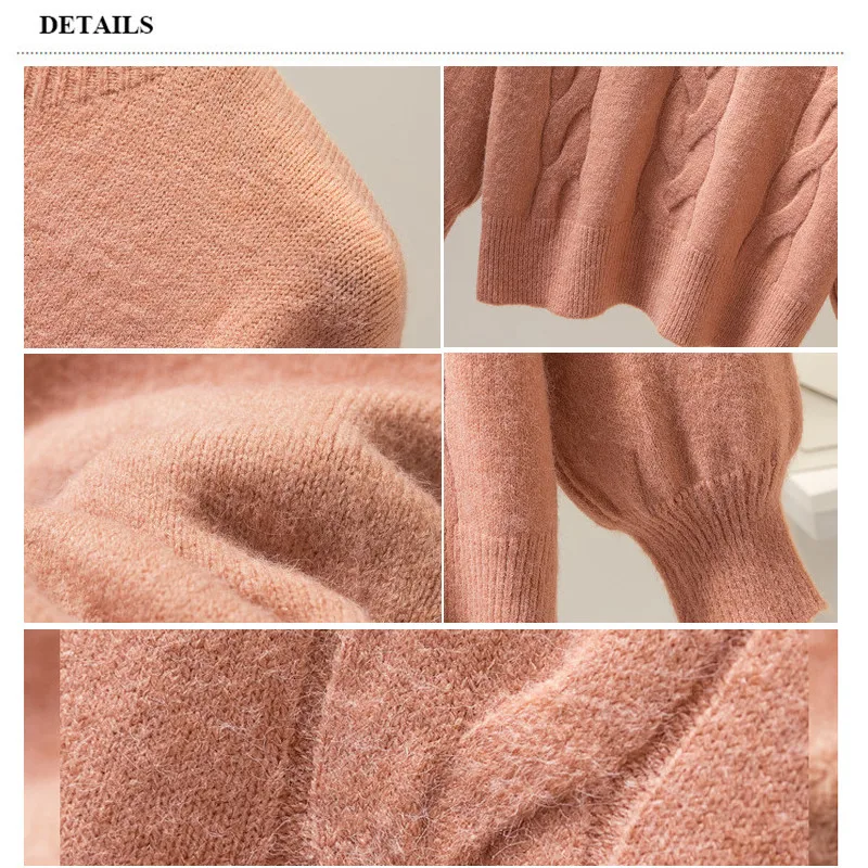 

Women Lantern Sleeve Casual Winter Pure Warm Pullover Autumn Knit O-neck Solid Tops Loose Fashion Sweaters Cashmere Sweater