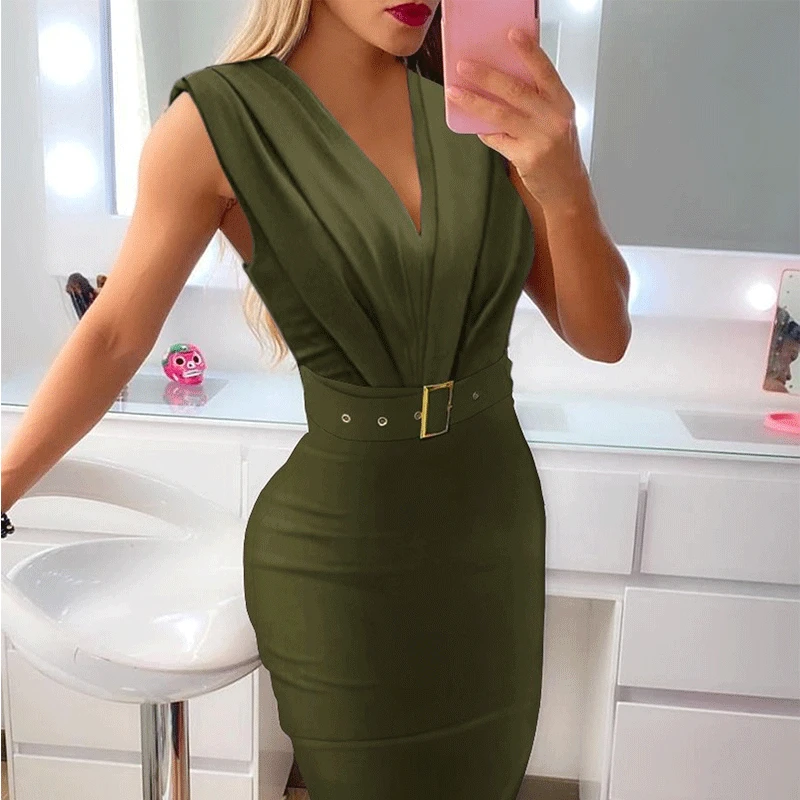

Dress Women with Belt Sexy Deep V Fashion Color Blocking Buttock Slim Sleeveless A-line Dresses
