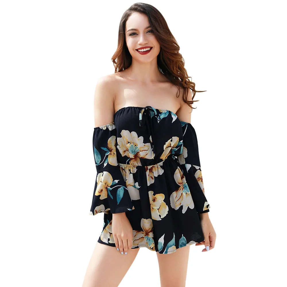 New Women Romper Sexy Fashion Floral Print Bell Sleeve Jumpsuit Summer Beach Off Shoulder Body Suit Casual Large Size Playsuits | Женская