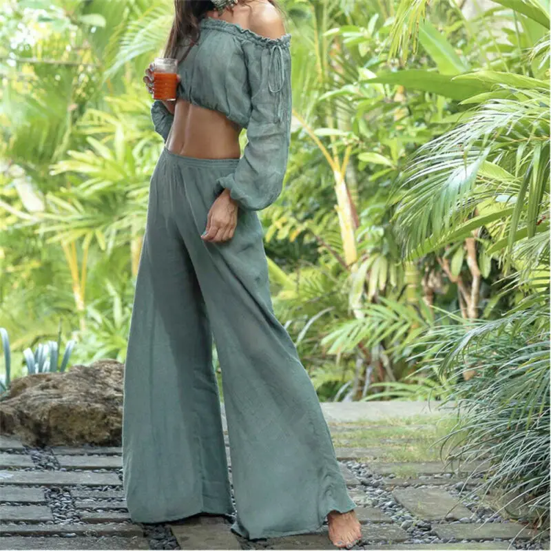Женские свободные мешковатые брюки палаццо летние повседневные из льна с