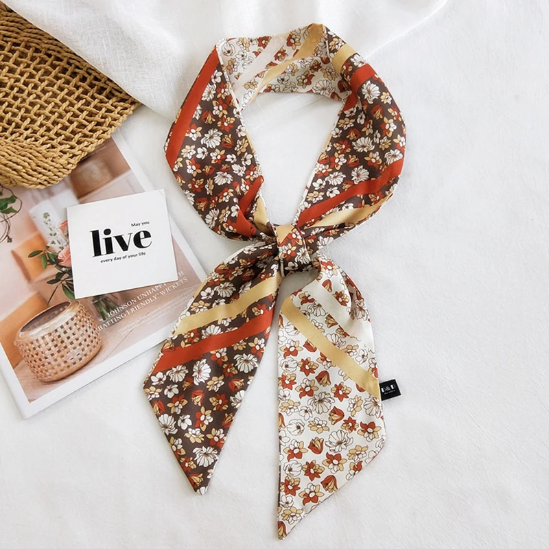 

MoriBty Women Long Silk Scarf Wraps Skinny Spring Hair Ribbon Headbands Foulard Femme Bandanas Neckerchief New Floral Bufandas