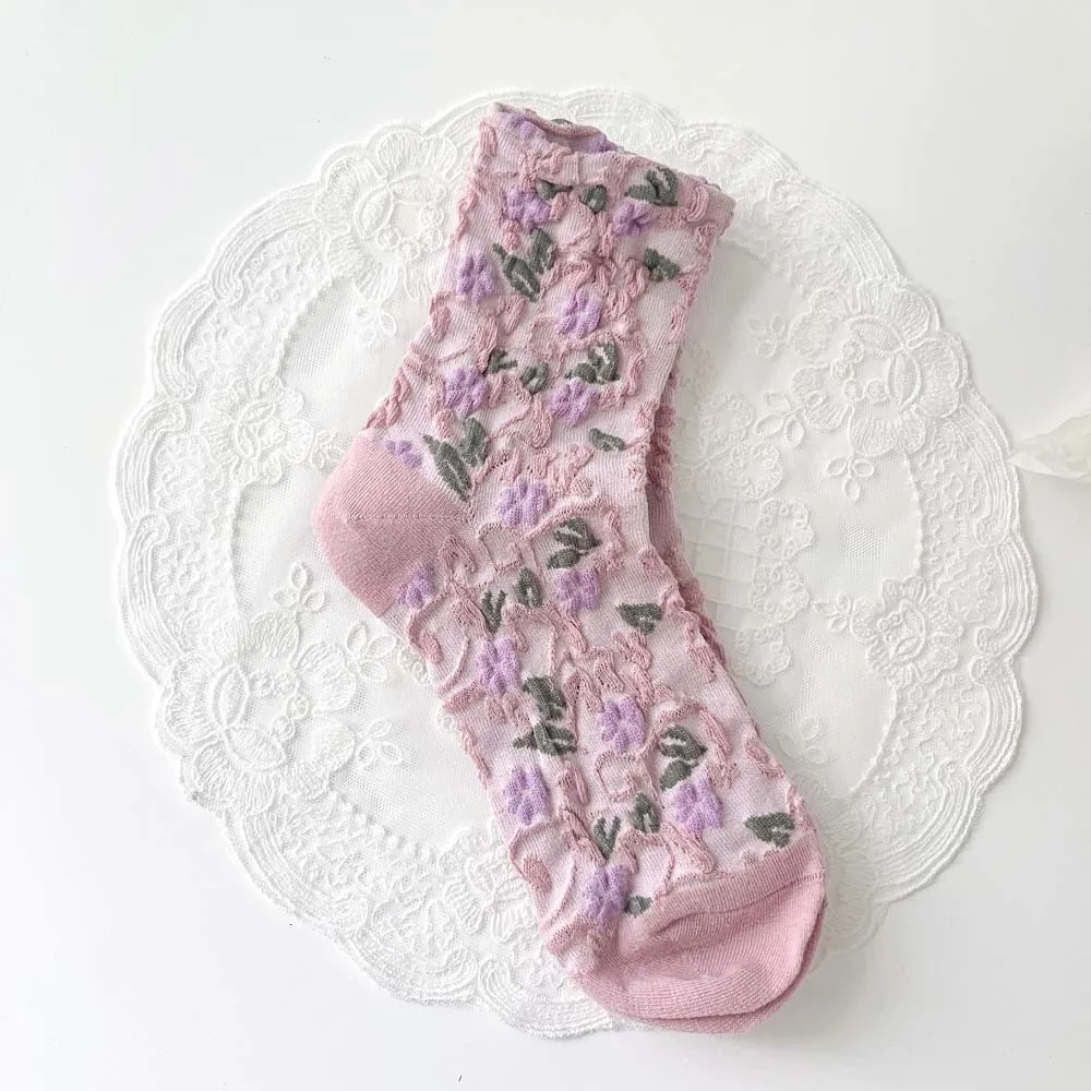 2021 Breathable Shiny Mesh Transparent Glitter Short Cotton Cute Girl Socks Sweet 3D Flower Sexy Summer Sheer Women Socks Female