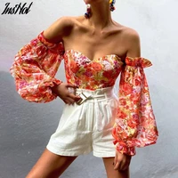 sexy off shoulder ruffles summer crop top fashion women holiday beach shirt vintage leaf printed elegant 2021 female blouse